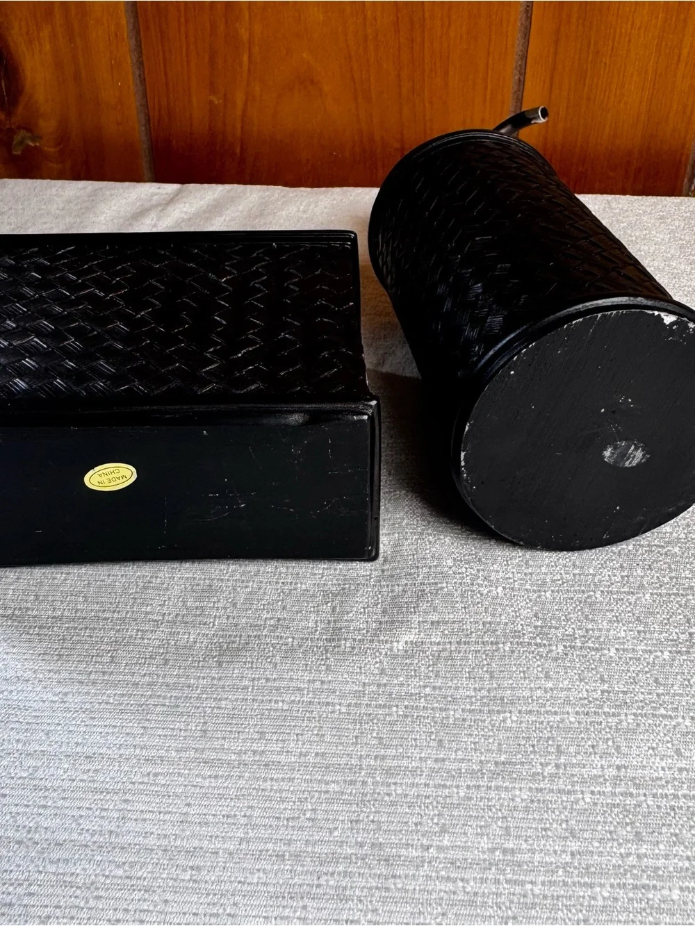 Black Woven Resin Bathroom Accessory Set - Pump Dispenser & Organizer